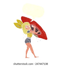cartoon woman carrying canoe with speech bubble