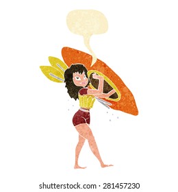 cartoon woman carrying canoe with speech bubble