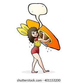 cartoon woman carrying canoe with speech bubble