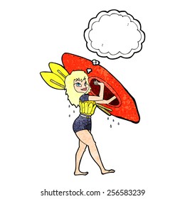 cartoon woman carrying canoe with thought bubble
