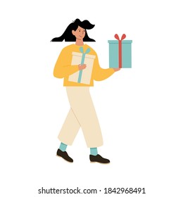 Cartoon woman carrying few gift box vector flat illustration. Positive female holding presents at festive season shopping isolated on white background. Colored festive person.