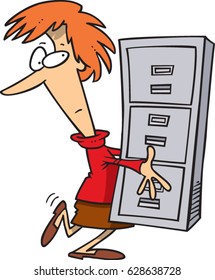 cartoon woman carrying a filing cabinet