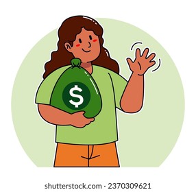 Cartoon woman carrying sack of money