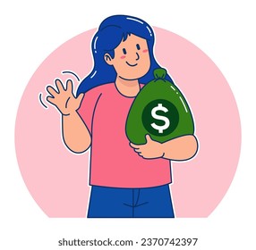 Cartoon woman carrying sack of money