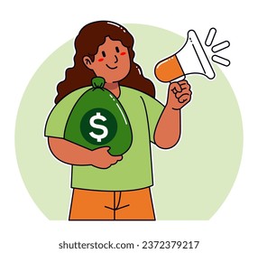 Cartoon woman carrying sack of money