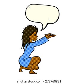 cartoon woman casting spell with speech bubble