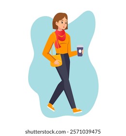 Cartoon woman in casual outfit. Young female character walking and holding a coffee cup. Student girl carrying a shoulder bag. face expression vector flat style