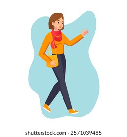 Cartoon woman in casual outfit. Young female character standing worried or calming someone else. Student girl carrying a shoulder bag. face expression vector flat style