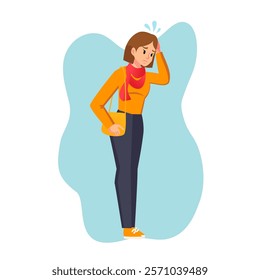 Cartoon woman in casual outfit. Young female character standing worried or forgets something. Student girl carrying a shoulder bag. face expression vector flat style