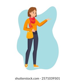 Cartoon woman in casual outfit. Young female character standing and explaining something. Student girl carrying a shoulder bag. face expression vector flat style