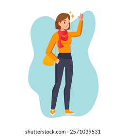 Cartoon woman in casual outfit. Young female character standing blink or wink one eye. Student girl carrying a shoulder bag. face expression vector flat style