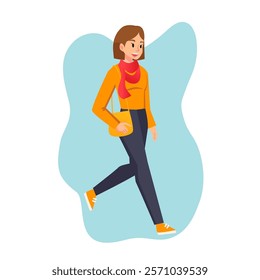 Cartoon woman in casual outfit. Young female character walking and smiling. Student girl carrying a shoulder bag. face expression vector flat style