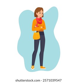 Cartoon woman in casual outfit. Young female character standing and crosses her arms. Student girl carrying a shoulder bag. face expression vector flat style