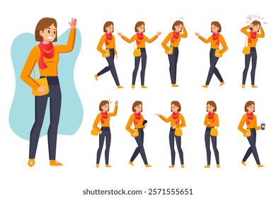 Cartoon woman in casual outfit. Young female character in different poses and various gestures. Student girl holding a smartphone, carrying a shoulder bag. face expression vector set flat style