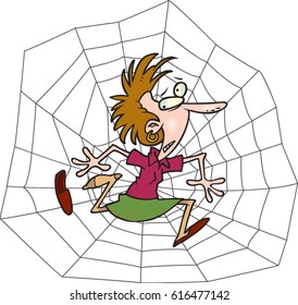 cartoon woman caught in a web