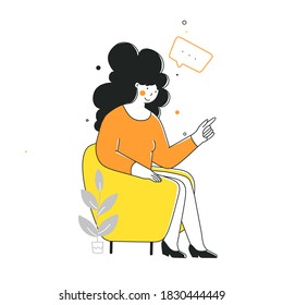 Cartoon woman in chair. Girl character design. Flat vector cartoon illustration