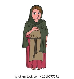 cartoon woman character in ancient clothes, colorful vector illustration of female commoner from history