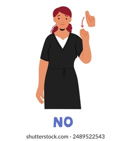 Cartoon Woman Character Demonstrating The Hand Sign For No In Sign Language. Vector Illustration Perfect For Educational And Inclusive Materials Related To Communication And Asl Language Learning