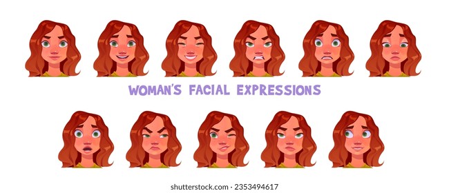 Cartoon woman character face emotion vector set. Various female teenager facial expression icon illustration. Isolated red hair young adult user avatar wink, laugh, anger, calm and scared mood.