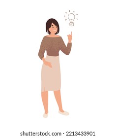 Cartoon woman character got an idea with lightbulb isolated on white background. Expert or professional to solve problem concept, cheerful businesswoman got new idea