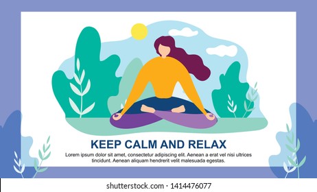 Cartoon Woman Character in Lotus Position. Keep Calm and Relax Vector Illustration. Female Person Meditate on Grass, Nature Outdoors Meditation, Stress Relief, Emotional Pressure Reduce, Peaceful Mind