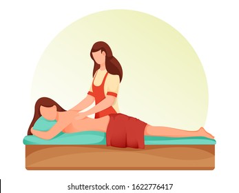 Cartoon Woman Character Lying on Bed Receiving Relaxation Back Massage in Spa.