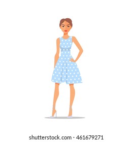 Cartoon Woman character on polka dot dress isolated on white background. Vector illustration