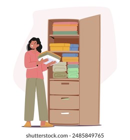 Cartoon Woman Character Organizing Clothes In A Wardrobe. The Scene Showcases A Tidy And Methodical Approach To Home Organization. Vector Illustration Conveying A Sense Of Order And Cleanliness