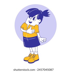 Cartoon woman character promising holding hand on her heart. Cute retro groovy hippie illustration for mascot, animation and stickers. Collection of 70s groovy comic vector characters.