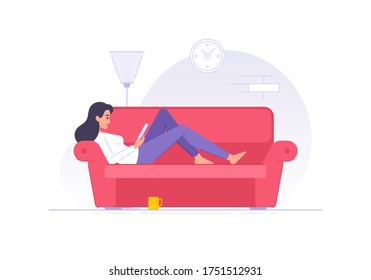 Cartoon woman character reading book on sofa at home flat vector illustration. Woman resting in living room and reading interesting book isolated white background