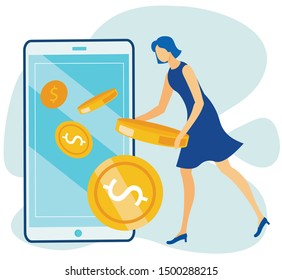 Cartoon Woman Character Receiving Money via Mobile Application. Flat Phone Screen with Falling Gold Coins. Office Worker Using Online Service for Financial Transaction. Vector Illustration