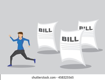 Cartoon woman character running away from paper documents titled Bill. Creative vector illustration on debt and personal finance concept isolated on plain background.