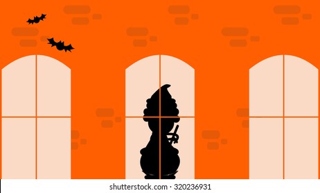 Cartoon woman character silhouette seen through the haunted castle window. Witch brewing black magic formula liquid potion, stirring boiling cauldron pot. Happy Halloween holidays background template.