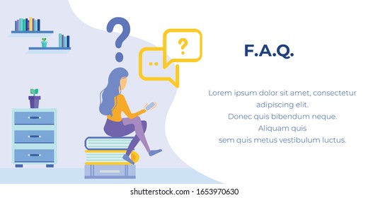 Cartoon Woman Character, Student, Freelancer Sitting on Paper Book Stack at Home and Searching for Information on Mobile. FAQ or Frequently Asked Questions Banner. Vector Flat Illustration