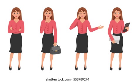 Cartoon Woman Character In Various Poses Business Lady Images Set With Arms Folded Across Her Chest Vector Illustration