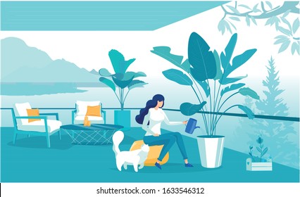 Cartoon Woman Character Watering Flowers Growing in Pots. Girl Caring for House Plants. Greenhouse Home Garden on Terrace. Cat Rubbing on Female Legs. Lounge Area. Vector Flat Illustration