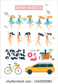 Cartoon Woman Character Wearing Summer Dress and Swimming Suit Rest and Relax Moving in Different Poses Animated Flat Set. Vacation Accessories, Transport. Female Haircut Kit. Vector Illustration