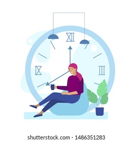 Cartoon Woman Characters Drinking Coffee Have Rest over Big Clock. Smiling Girl Sitting on Bag Chair with Takeaway Cup near Flowerpot. Time to Take Break and Relax. Vector Flat Isolated Illustration