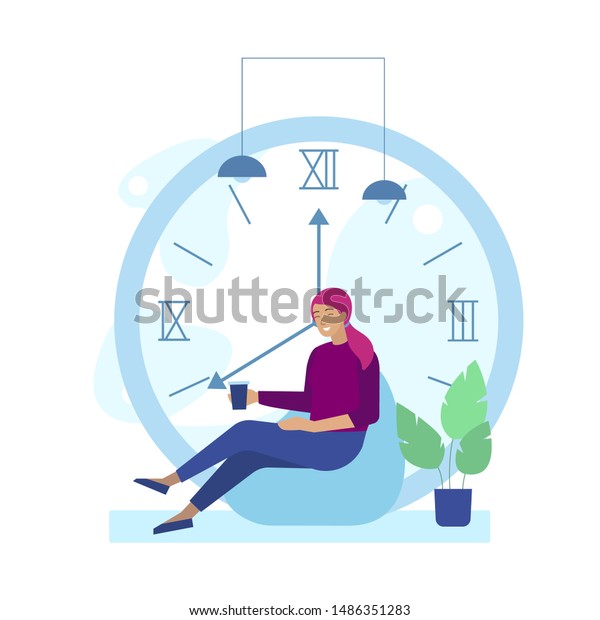 Cartoon Woman Characters Drinking Coffee\
Have Rest over Big Clock. Smiling Girl Sitting on Bag Chair with\
Takeaway Cup near Flowerpot. Time to Take Break and Relax. Vector\
Flat Isolated\
Illustration