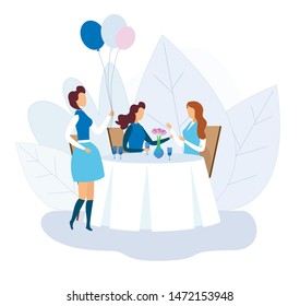 Cartoon Woman Characters Having Rest at Cafe, Celebrating Birthday. Female Friend Bringing Balloons as Gift. Girls Gossiping, Chatting, Sharing News and Drinking Beverages. Vector Flat Illustration