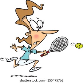 Cartoon woman chasing after a tennis ball
