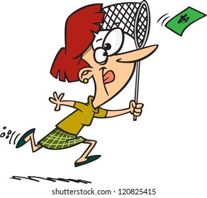 cartoon woman chasing a dollar bill with a butterfly net