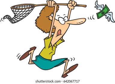 cartoon woman chasing flying money with a net