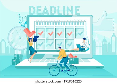 Cartoon Woman Check Accomplish Task in Calendar Vector Illustration. Work Schedule on Notebook Screen. Office Employee Teamwork Process. Deadline Pressure and Time Management Concept