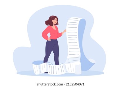 Cartoon Woman Checking Long Bill Or List Of Tasks. Female Person With Checklist, Work Report Or Shopping List In Big Paper Scroll Flat Vector Illustration. Time Management, Payment, Shopping Concept