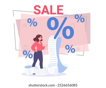 Cartoon woman checking long bill vector illustration. Female character with shopping list in big paper scroll. Percentage marks on background. Sale, payment, shopping concept for banner design