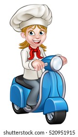 Cartoon woman chef or baker character riding a delivery moped motorbike scooter