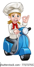 Cartoon woman chef or baker character riding a delivery moped motorbike scooter and giving a perfect okay delicious cook gesture