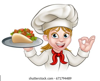 A cartoon woman chef character holding a kebab