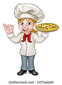 Cartoon woman chef or cook character holding a pizza and giving a perfect okay delicious gesture